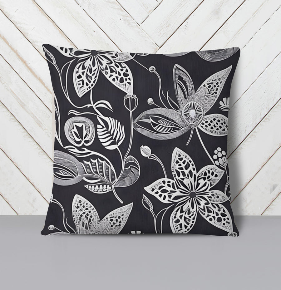 Gray Floral Botanical Illustration Pattern Throw Pillow Cover