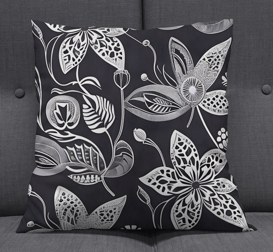 Gray Floral Botanical Illustration Pattern Throw Pillow Cover