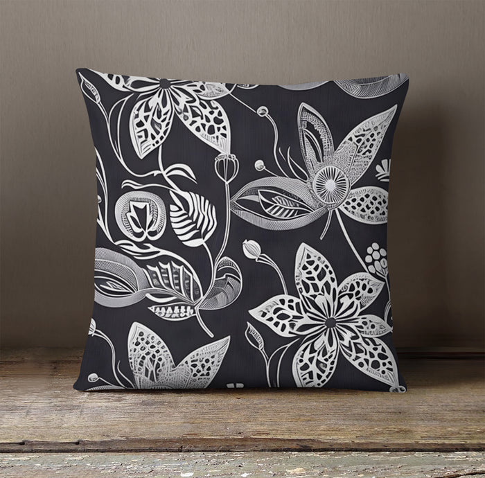 Gray Floral Botanical Illustration Pattern Throw Pillow Cover