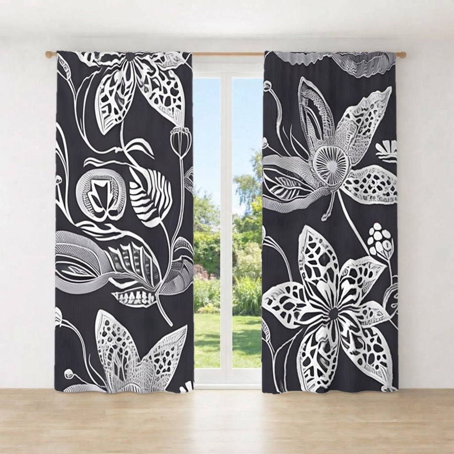 Gray Floral Botanical Illustration Pattern Window Curtains