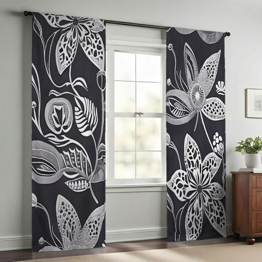 Gray Floral Botanical Illustration Pattern Window Curtains