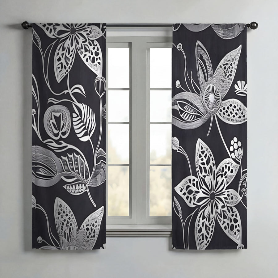Gray Floral Botanical Illustration Pattern Window Curtains