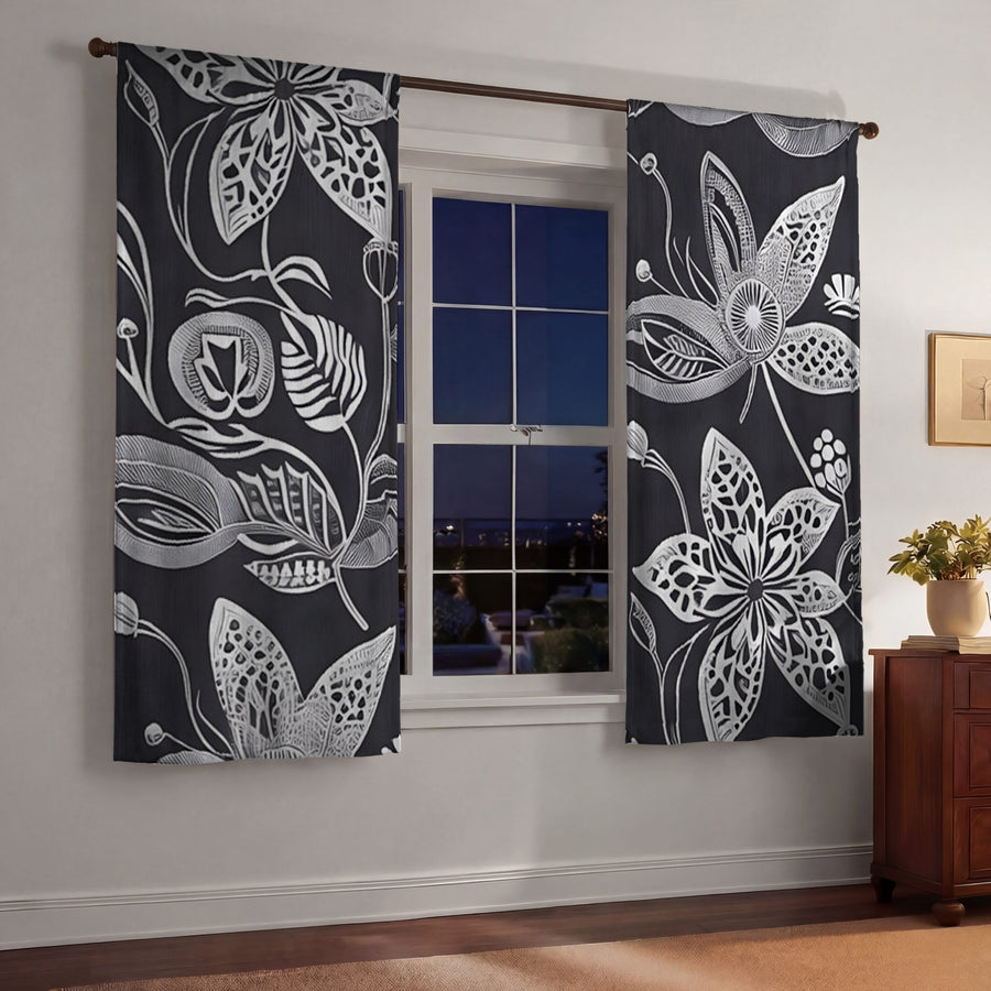 Gray Floral Botanical Illustration Pattern Window Curtains