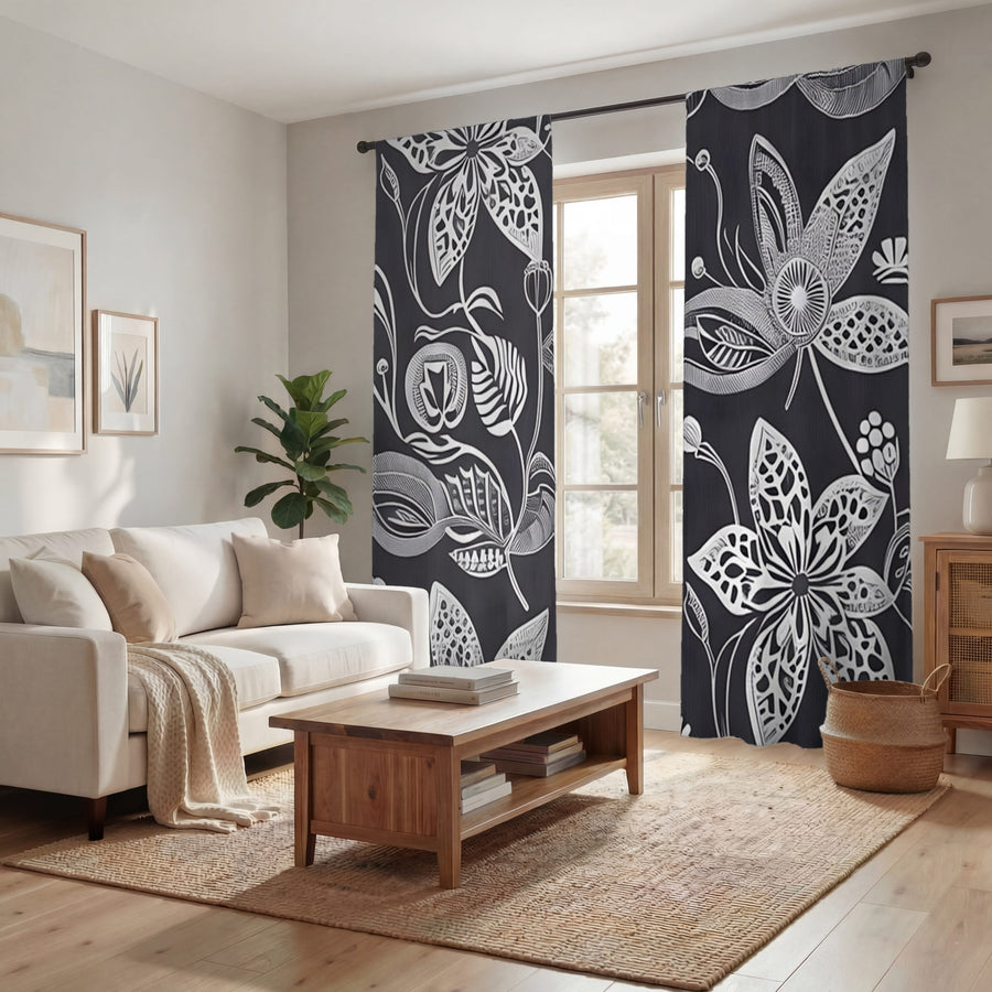 Gray Floral Botanical Illustration Pattern Window Curtains