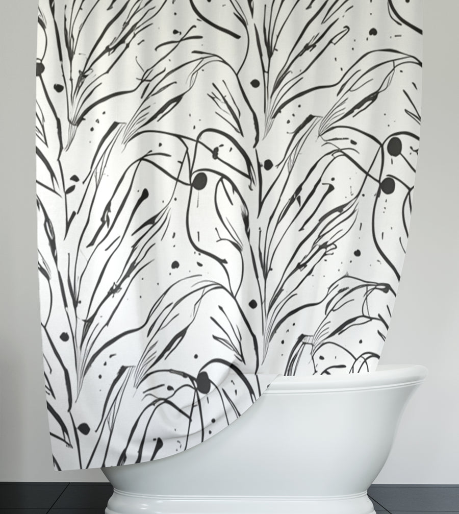 Black and White Organic Line Pattern Shower Curtain