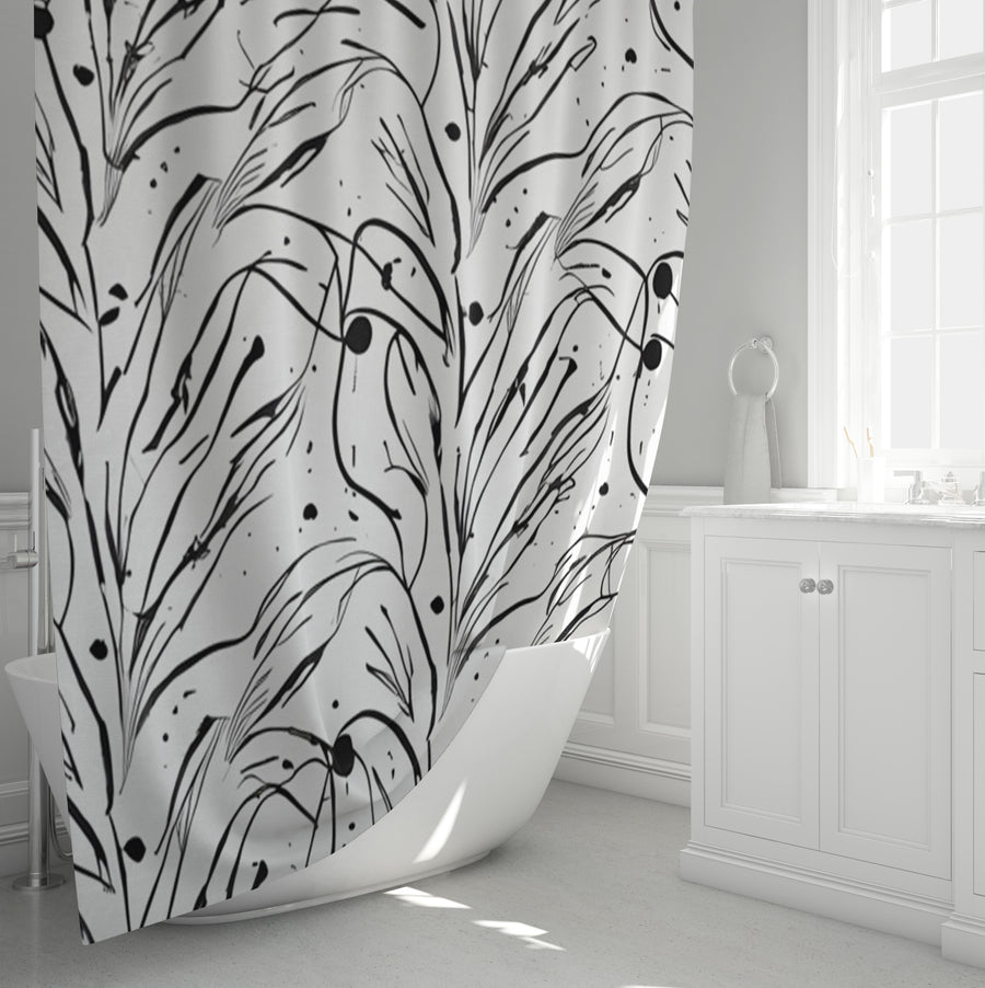 Black and White Organic Line Pattern Shower Curtain