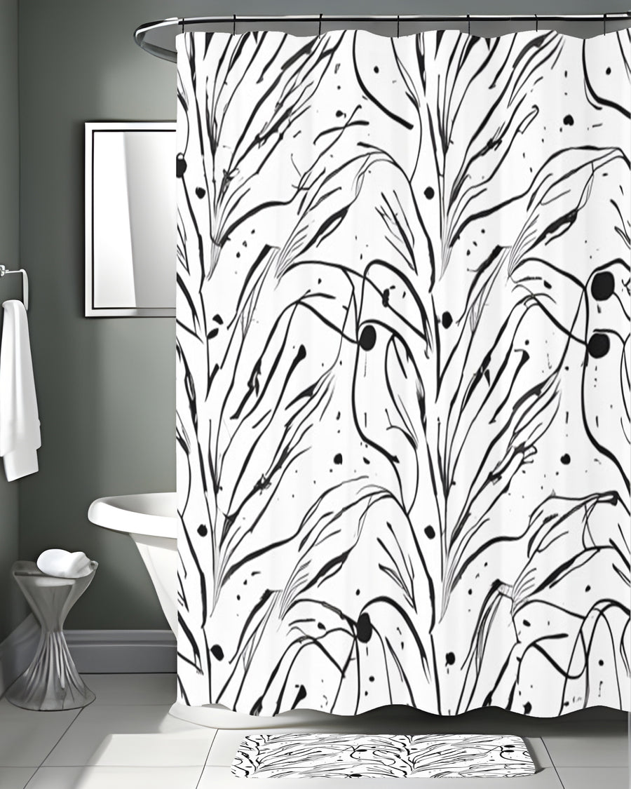 Black and White Organic Line Pattern Shower Curtain