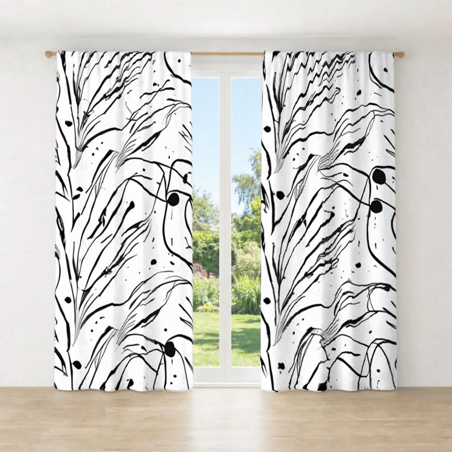 Black and White Organic Line Pattern Window Curtains