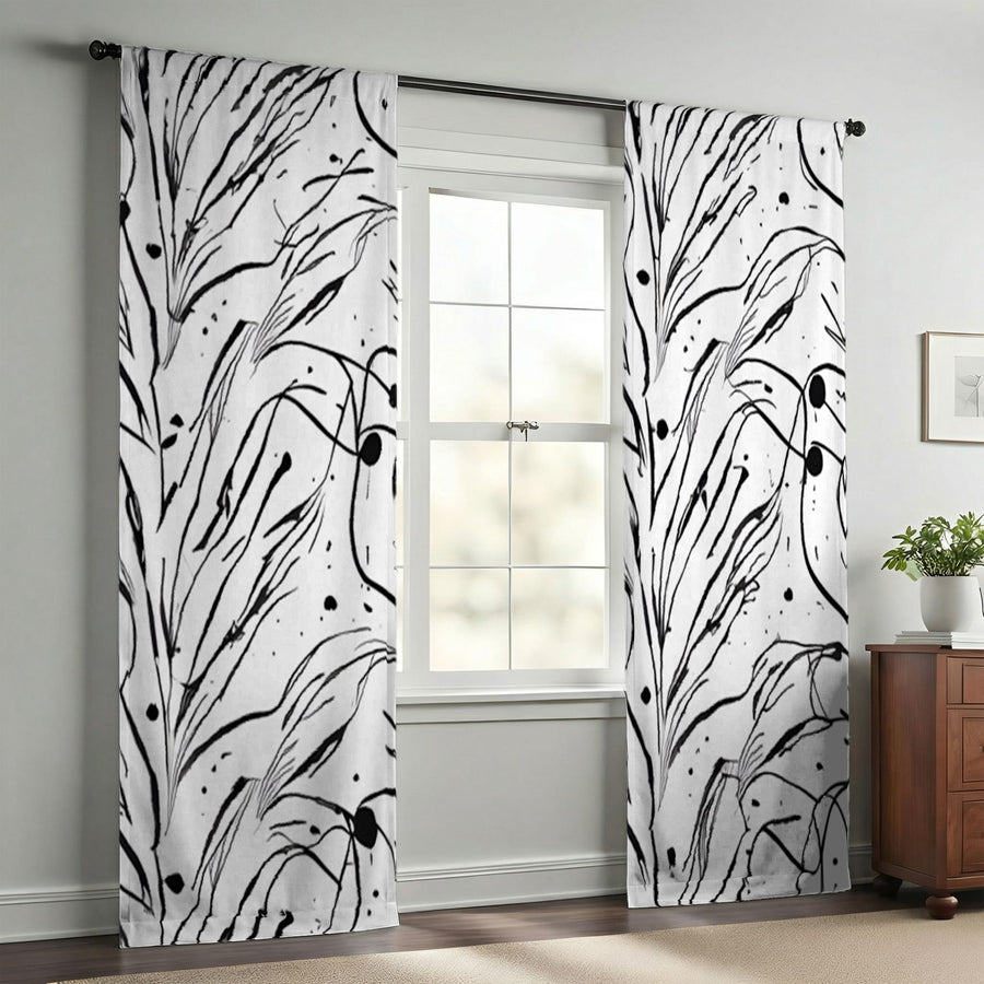Black and White Organic Line Pattern Window Curtains