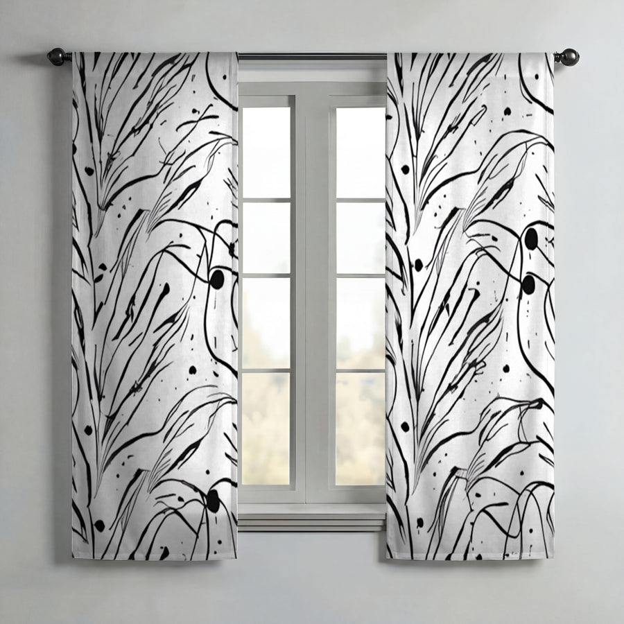 Black and White Organic Line Pattern Window Curtains