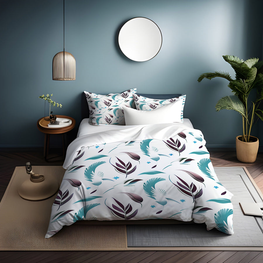 Teal Feather Botanical Pattern Duvet Cover