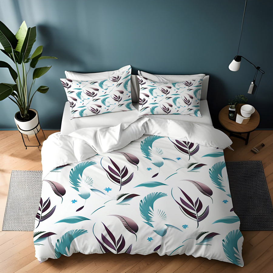 Teal Feather Botanical Pattern Duvet Cover