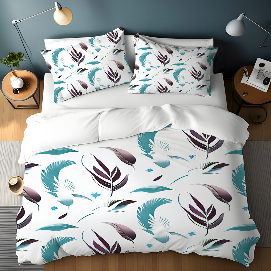 Teal Feather Botanical Pattern Duvet Cover