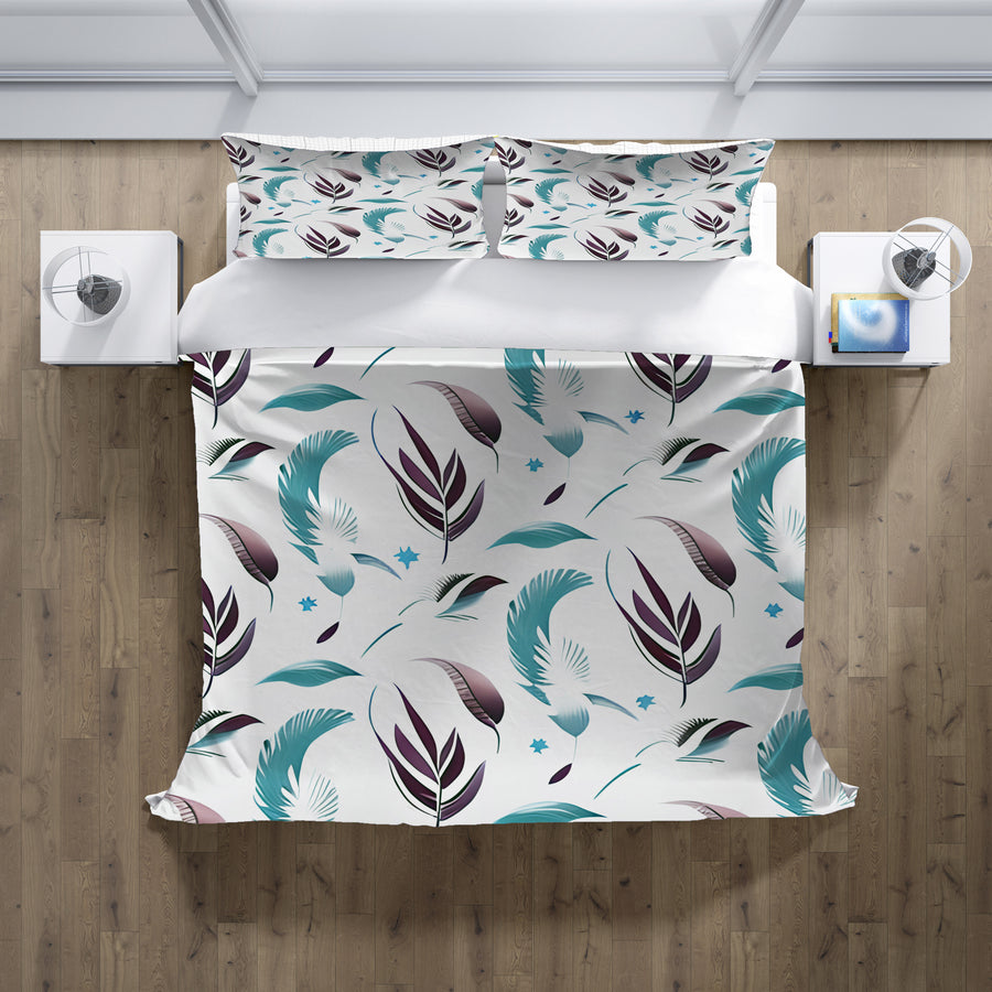 Teal Feather Botanical Pattern Duvet Cover