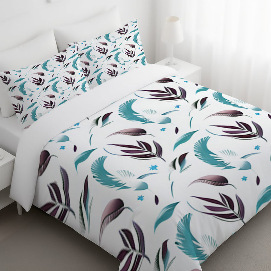 Teal Feather Botanical Pattern Duvet Cover