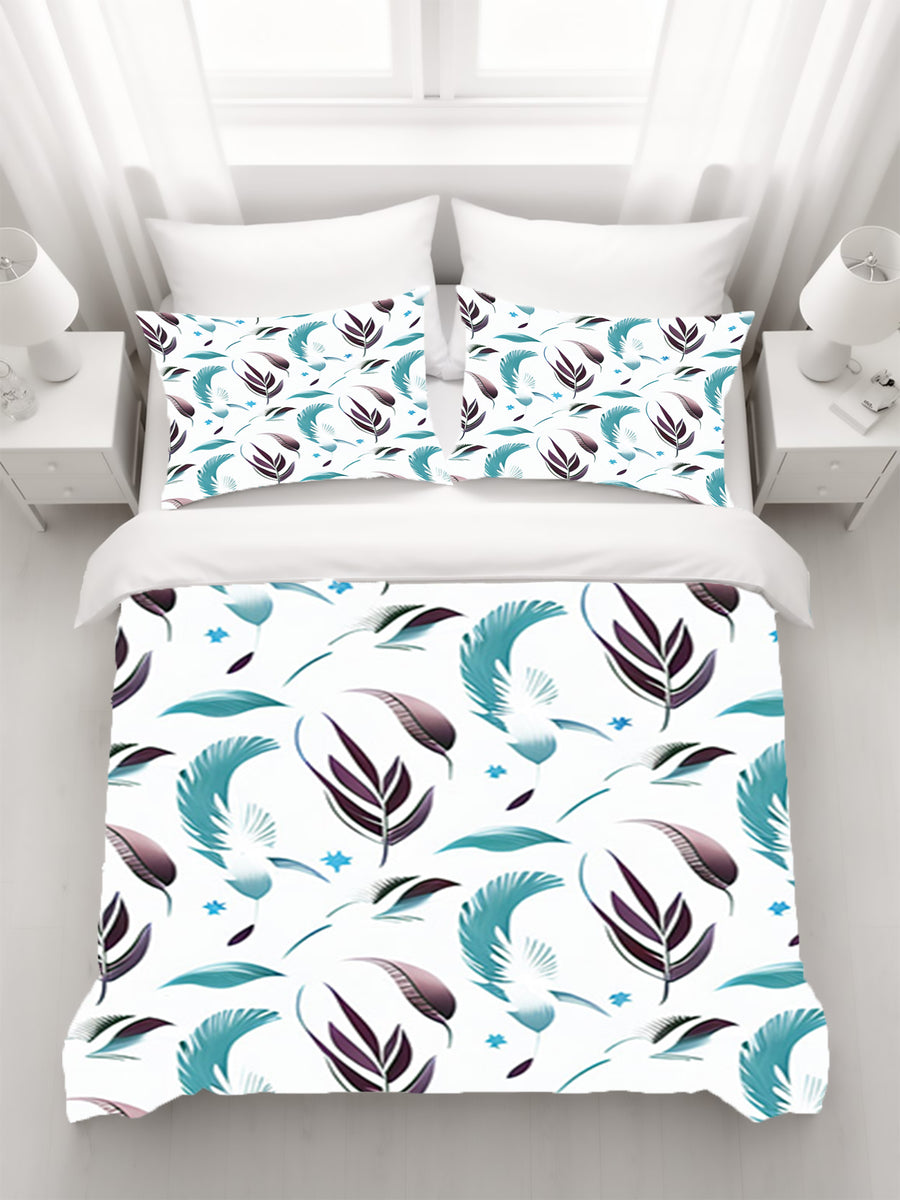 Teal Feather Botanical Pattern Duvet Cover