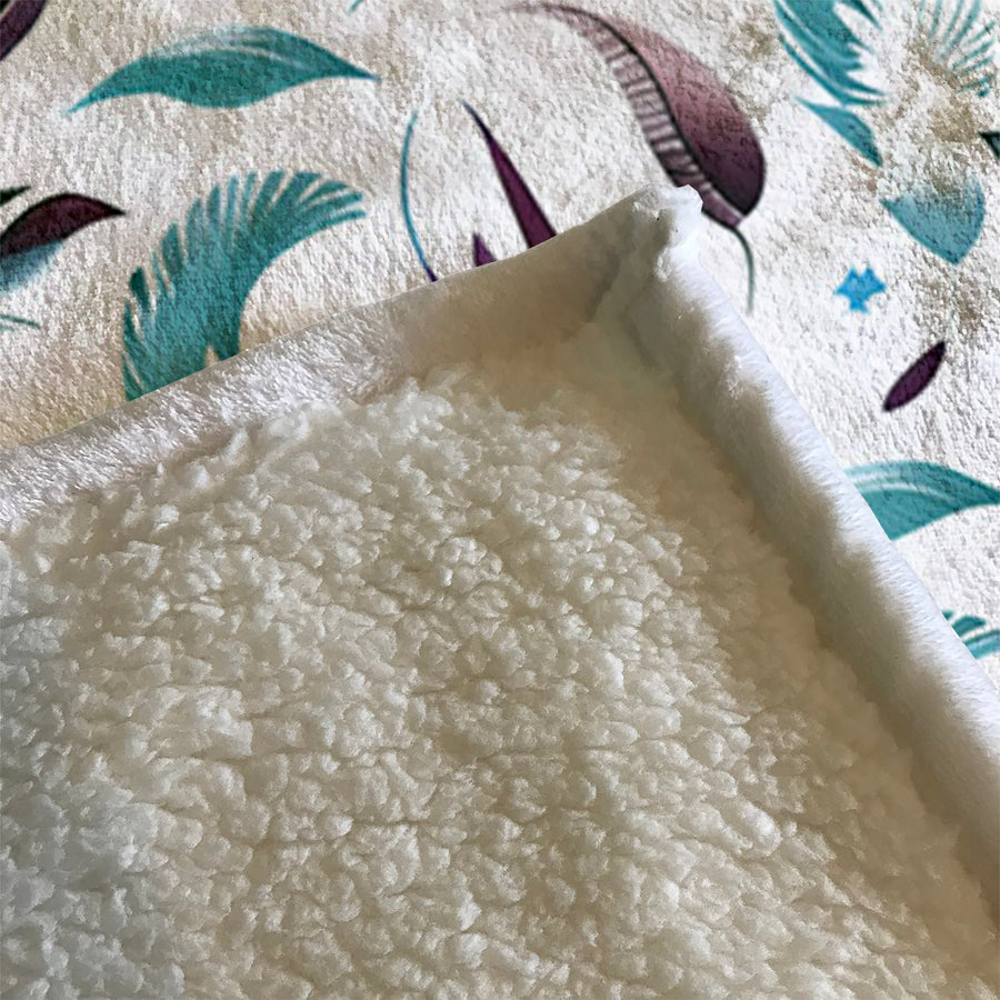 Teal Feather Botanical Pattern Fleece Sherpa Blanket