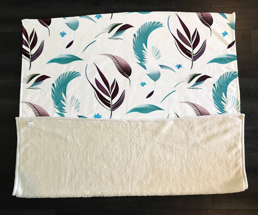 Teal Feather Botanical Pattern Fleece Sherpa Blanket