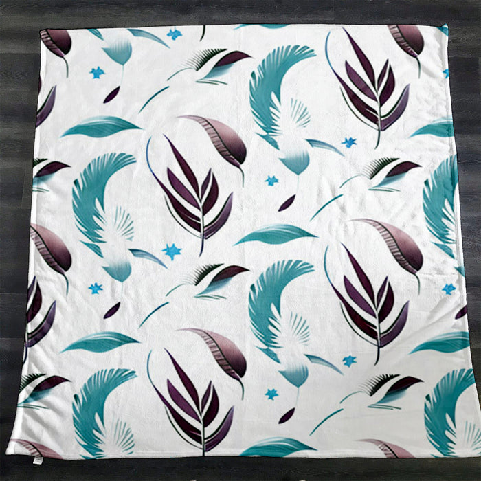 Teal Feather Botanical Pattern Fleece Sherpa Blanket