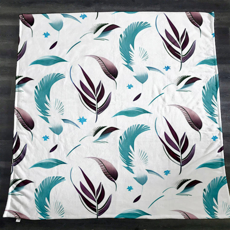 Teal Feather Botanical Pattern Fleece Sherpa Blanket