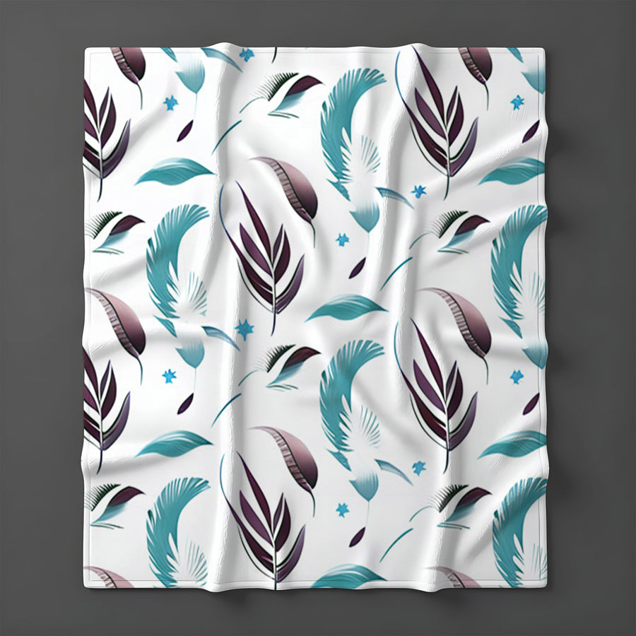 Teal Feather Botanical Pattern Fleece Sherpa Blanket