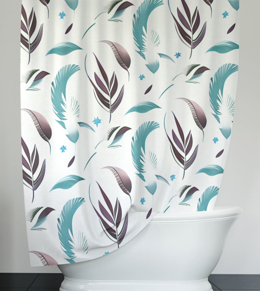 Teal Feather Botanical Pattern Shower Curtain