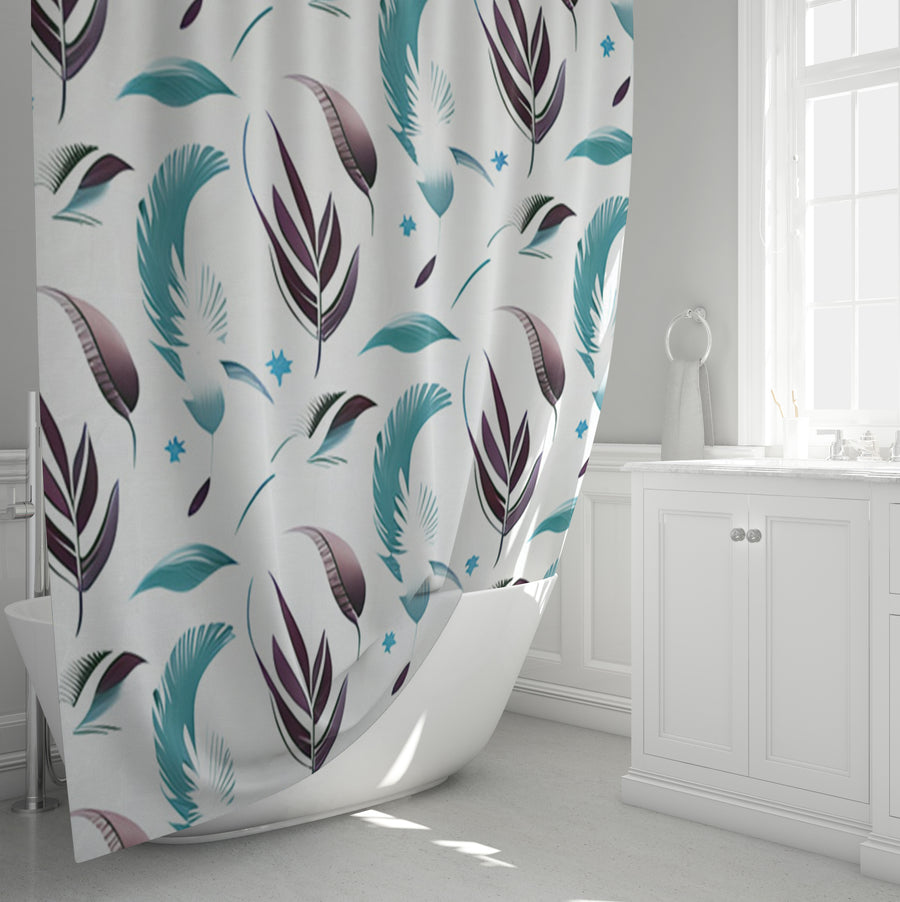 Teal Feather Botanical Pattern Shower Curtain