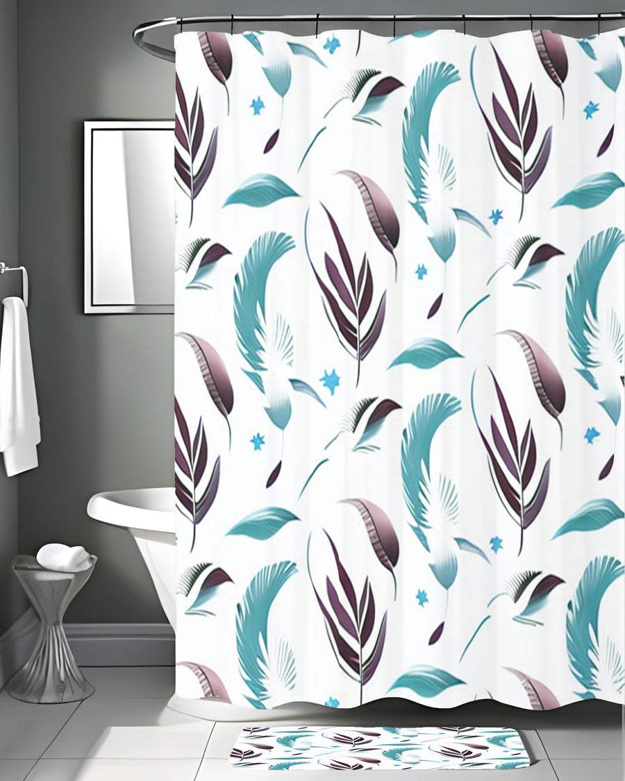 Teal Feather Botanical Pattern Shower Curtain