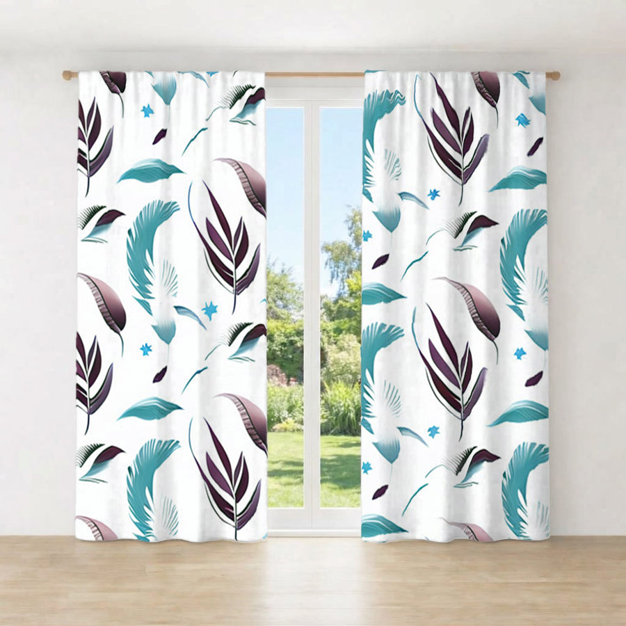 Teal Feather Botanical Pattern Window Curtains