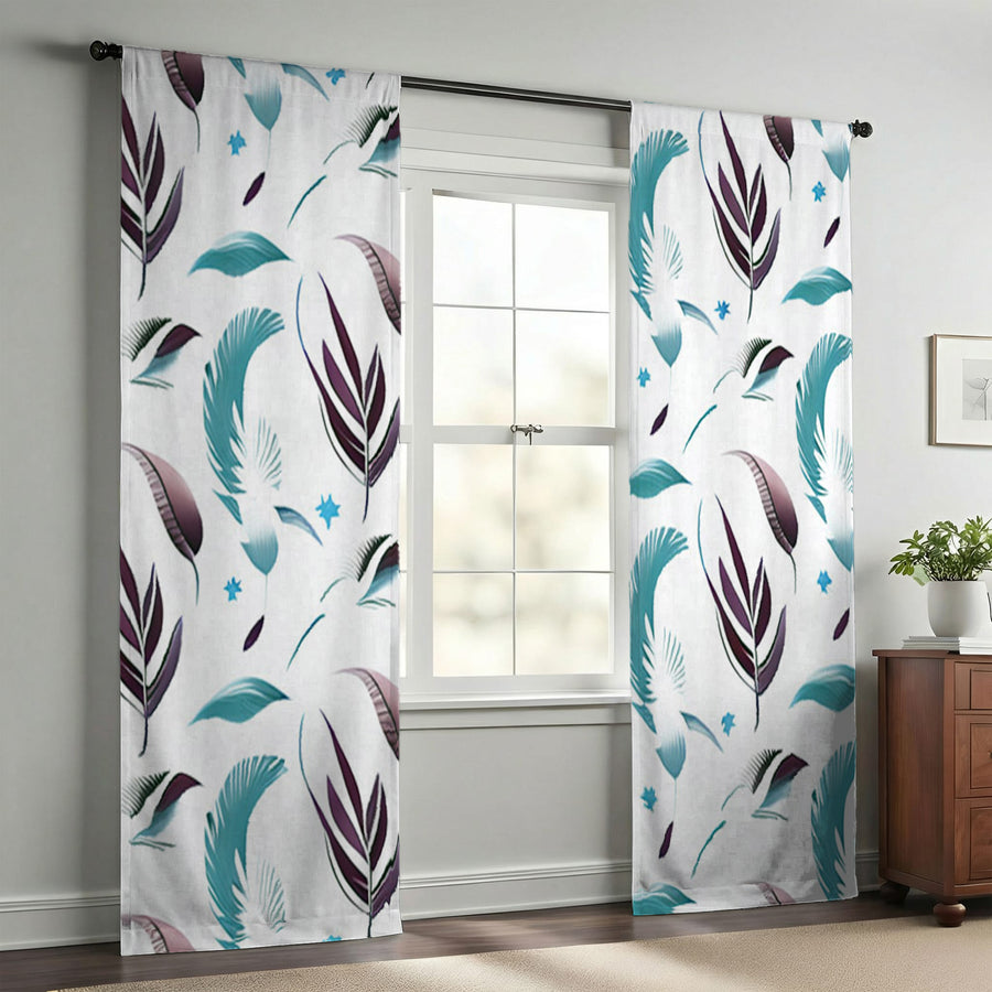 Teal Feather Botanical Pattern Window Curtains