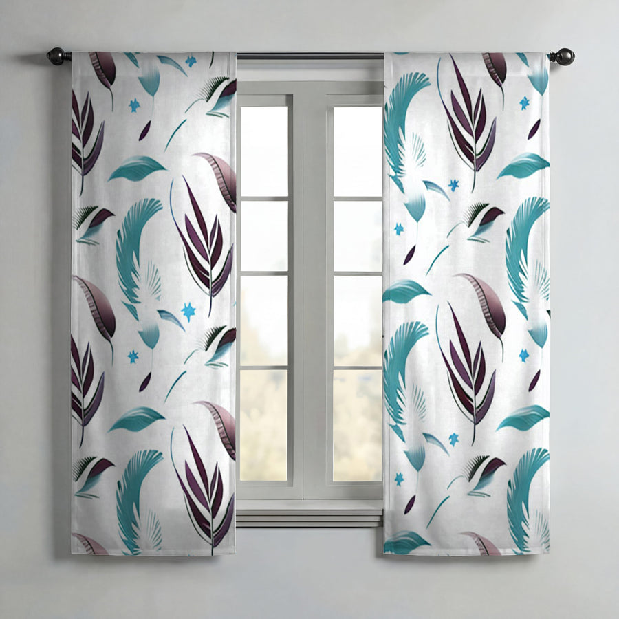 Teal Feather Botanical Pattern Window Curtains