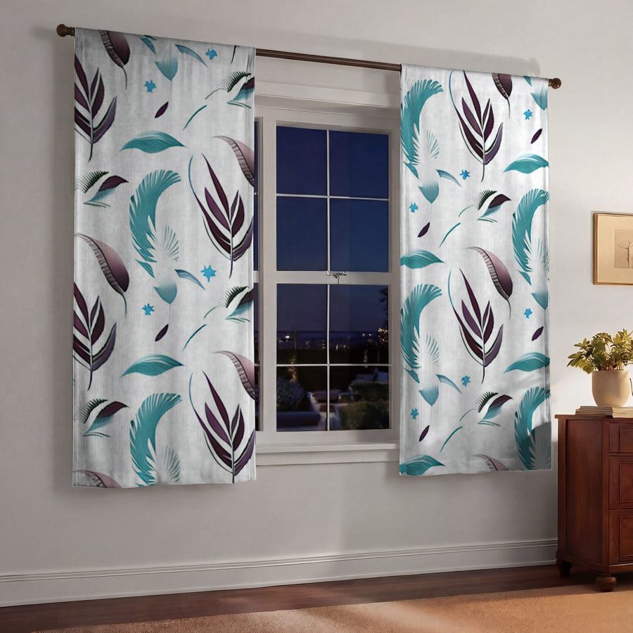 Teal Feather Botanical Pattern Window Curtains