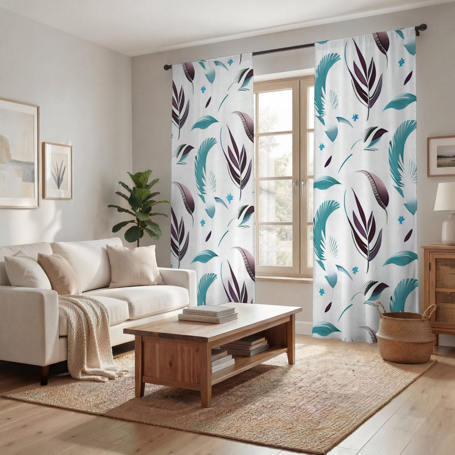 Teal Feather Botanical Pattern Window Curtains