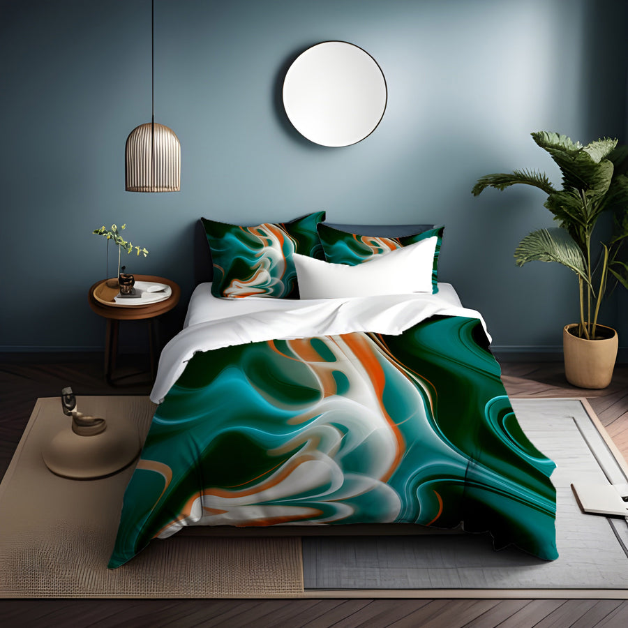 Teal and Orange Fluid Marble Pattern Duvet Cover
