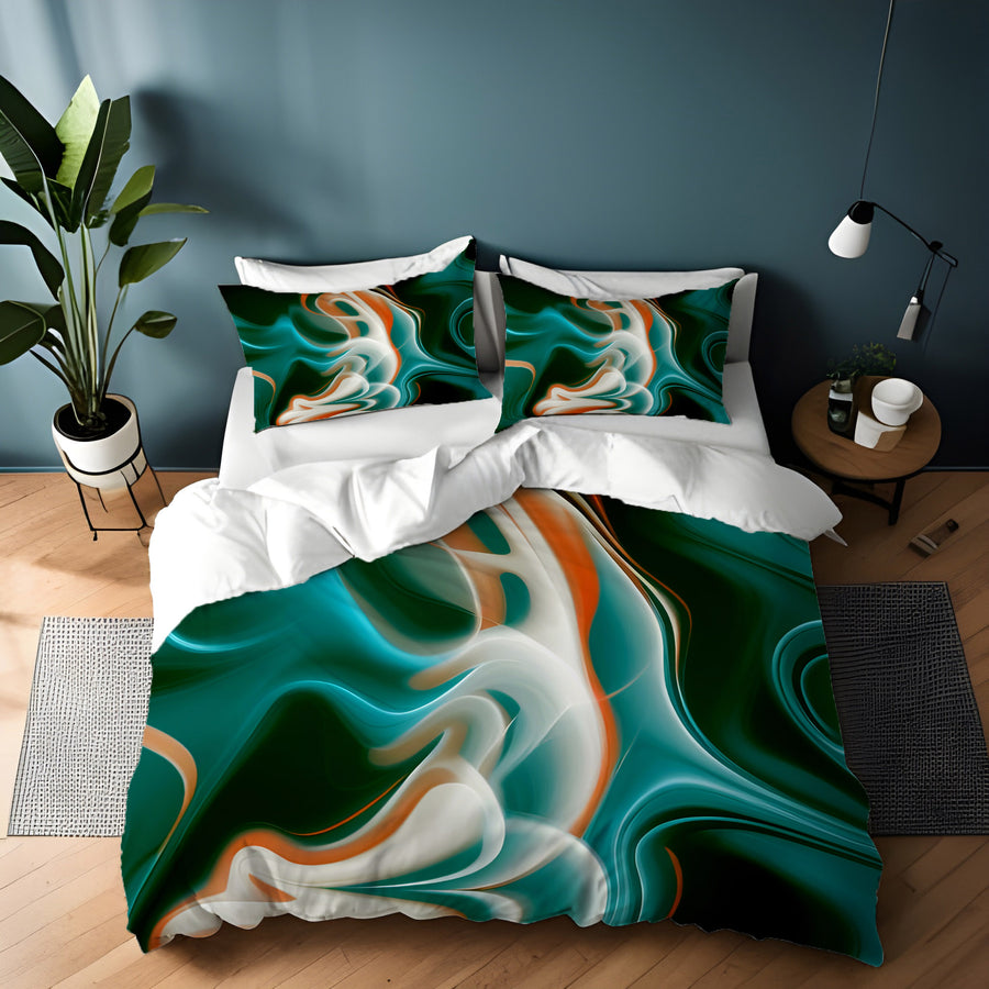 Teal and Orange Fluid Marble Pattern Duvet Cover