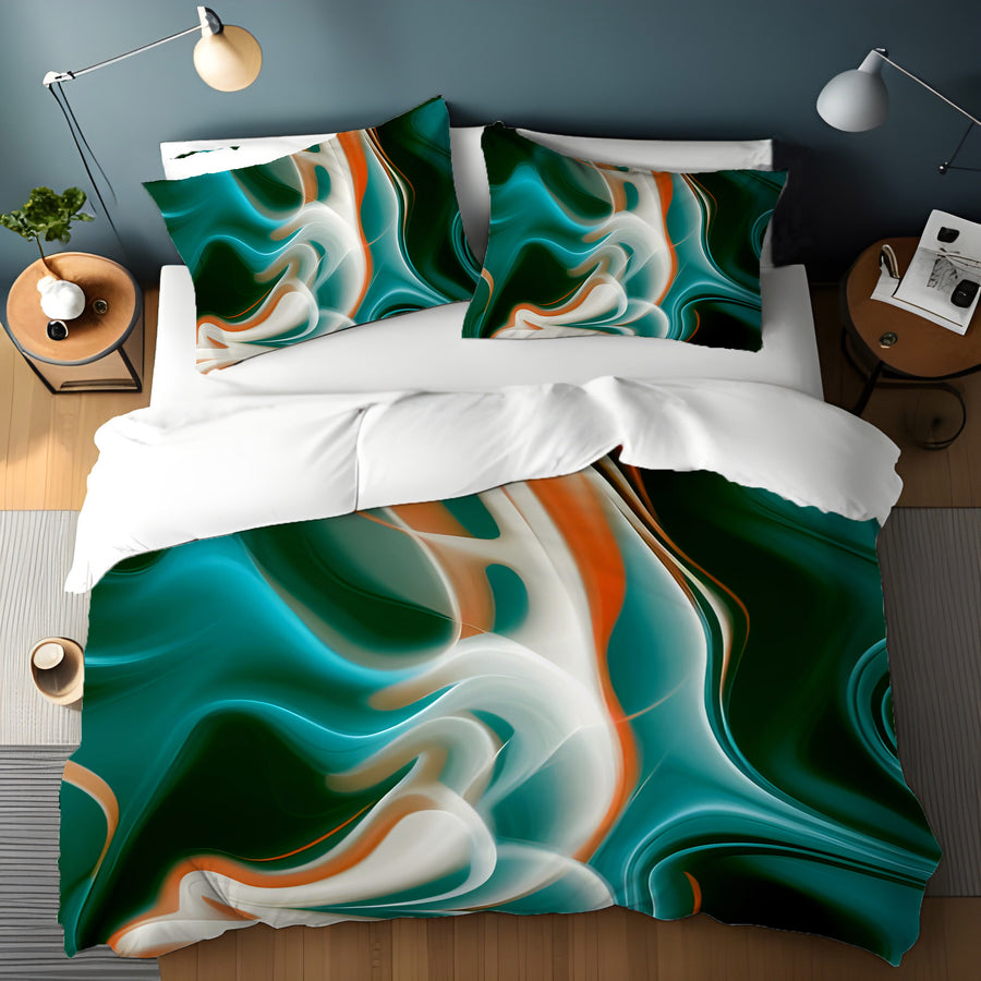 Teal and Orange Fluid Marble Pattern Duvet Cover
