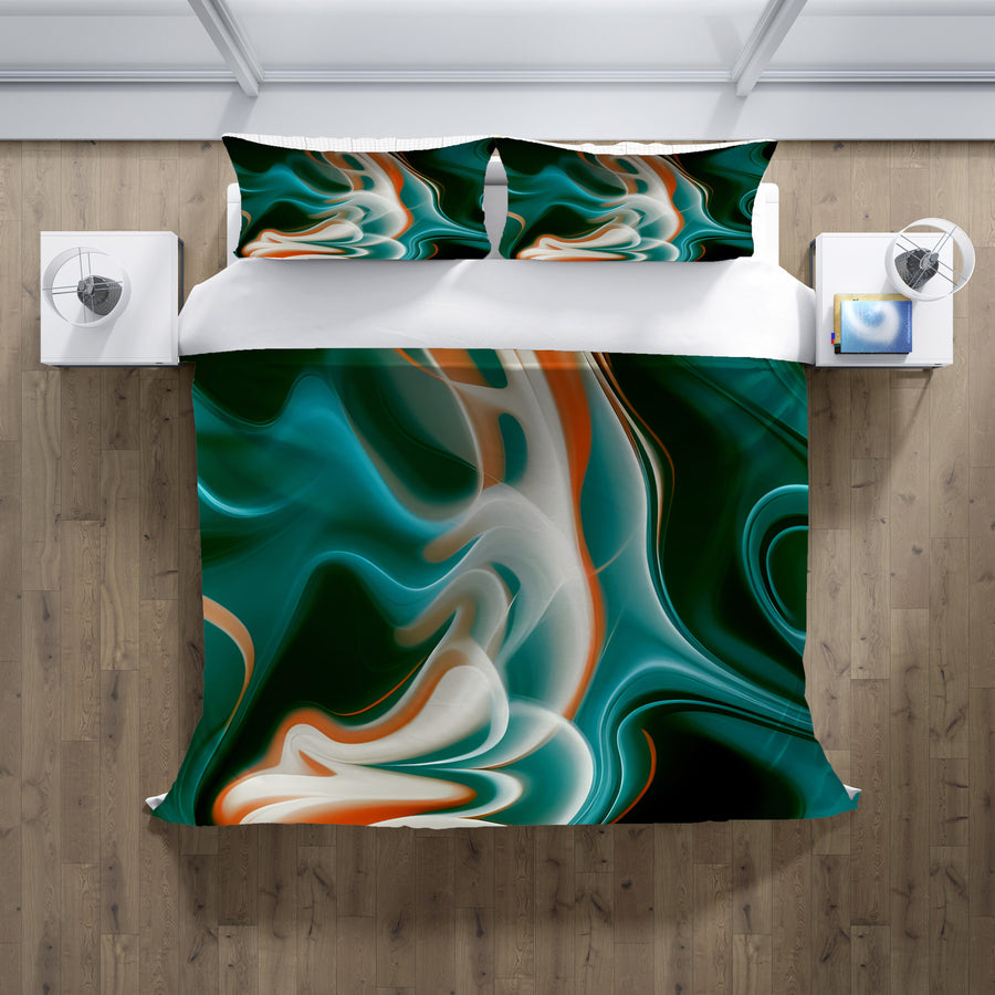 Teal and Orange Fluid Marble Pattern Duvet Cover