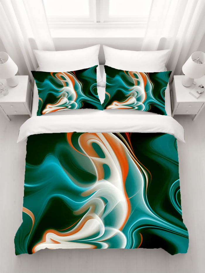 Teal and Orange Fluid Marble Pattern Duvet Cover