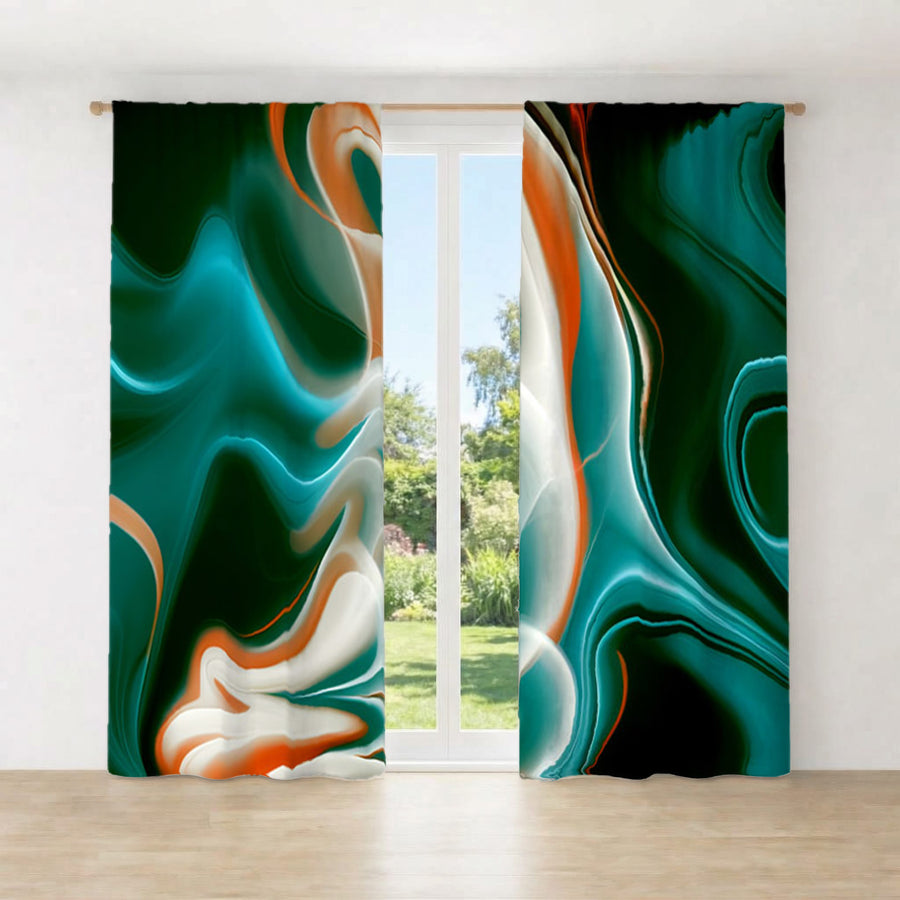 Teal and Orange Fluid Marble Pattern Window Curtains