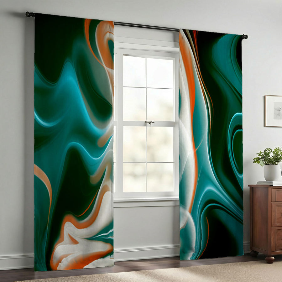 Teal and Orange Fluid Marble Pattern Window Curtains