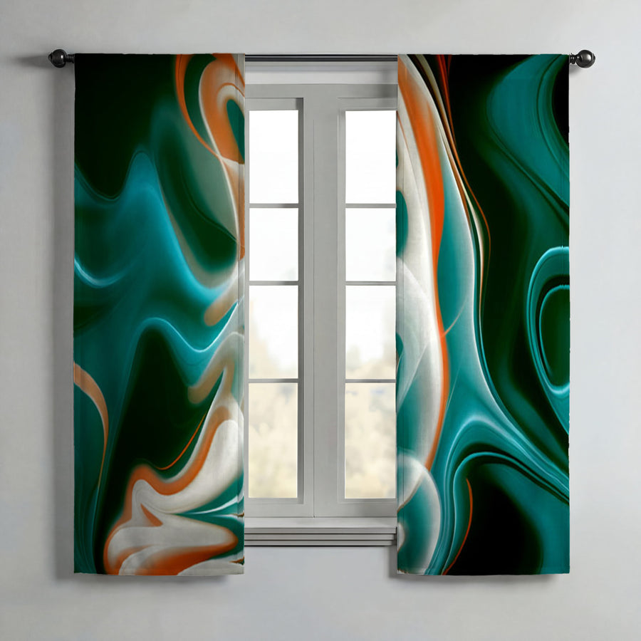 Teal and Orange Fluid Marble Pattern Window Curtains