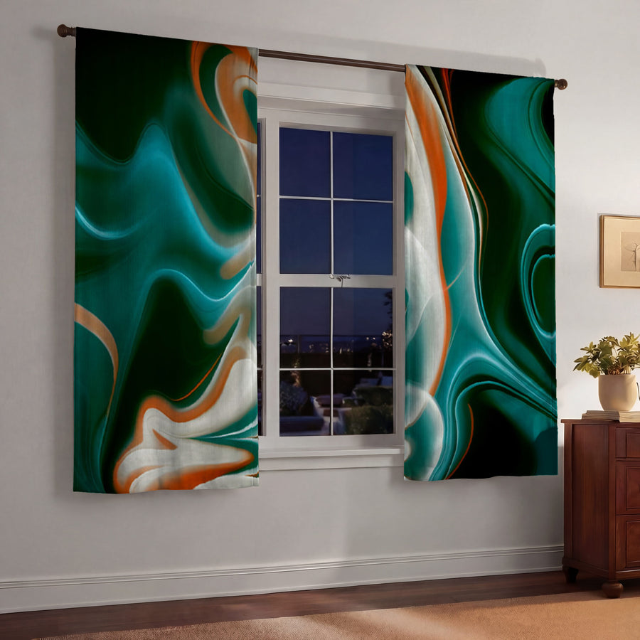 Teal and Orange Fluid Marble Pattern Window Curtains