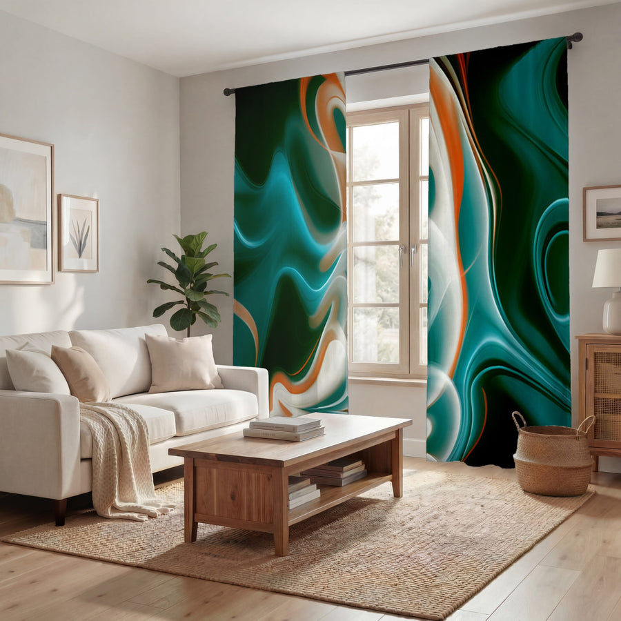 Teal and Orange Fluid Marble Pattern Window Curtains