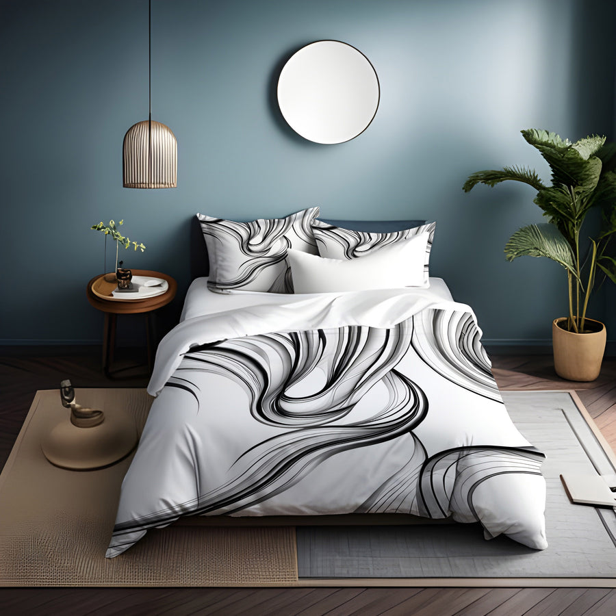 Black and White Fluid Line Abstract Pattern Duvet Cover