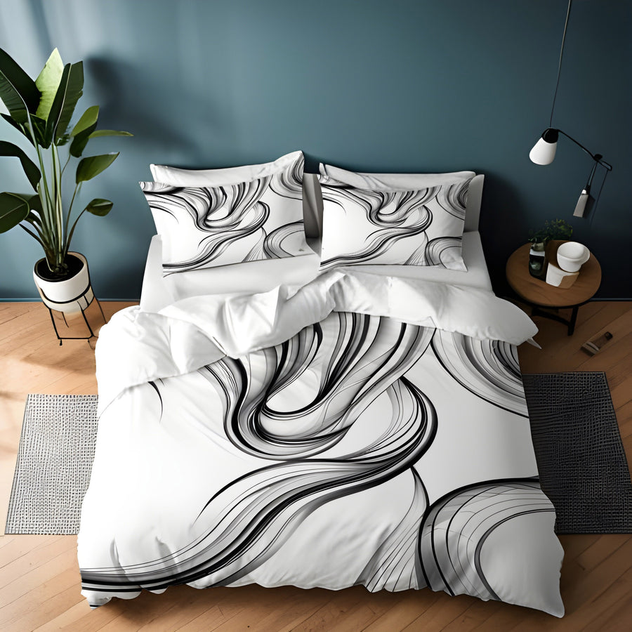 Black and White Fluid Line Abstract Pattern Duvet Cover