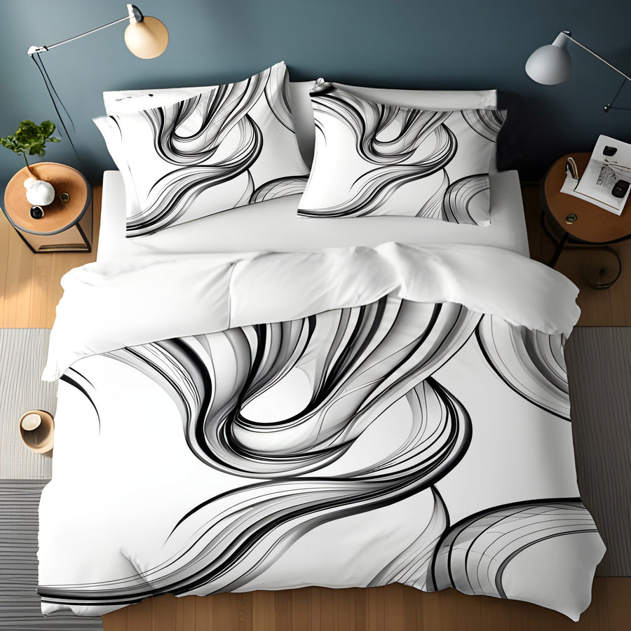 Black and White Fluid Line Abstract Pattern Duvet Cover