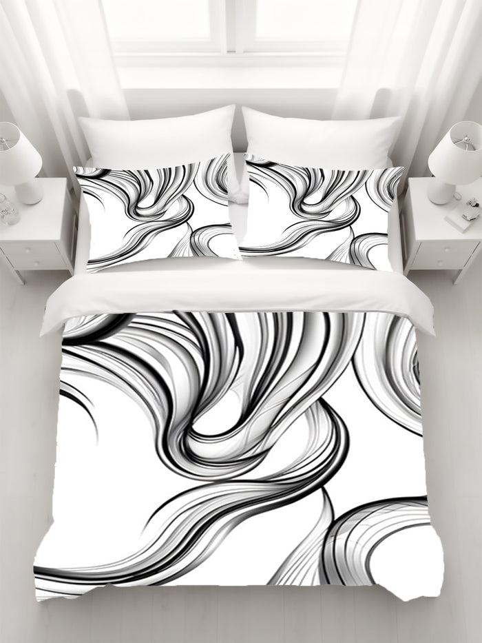 Black and White Fluid Line Abstract Pattern Duvet Cover