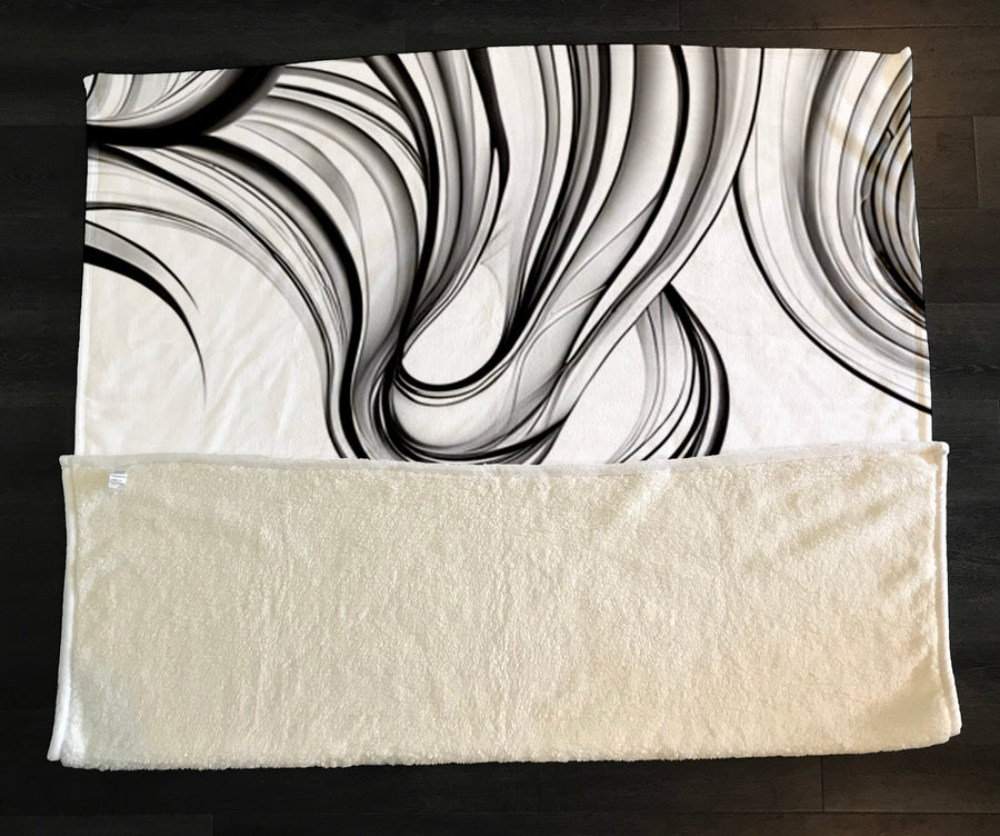 Black and White Fluid Line Abstract Pattern Fleece Sherpa Blanket