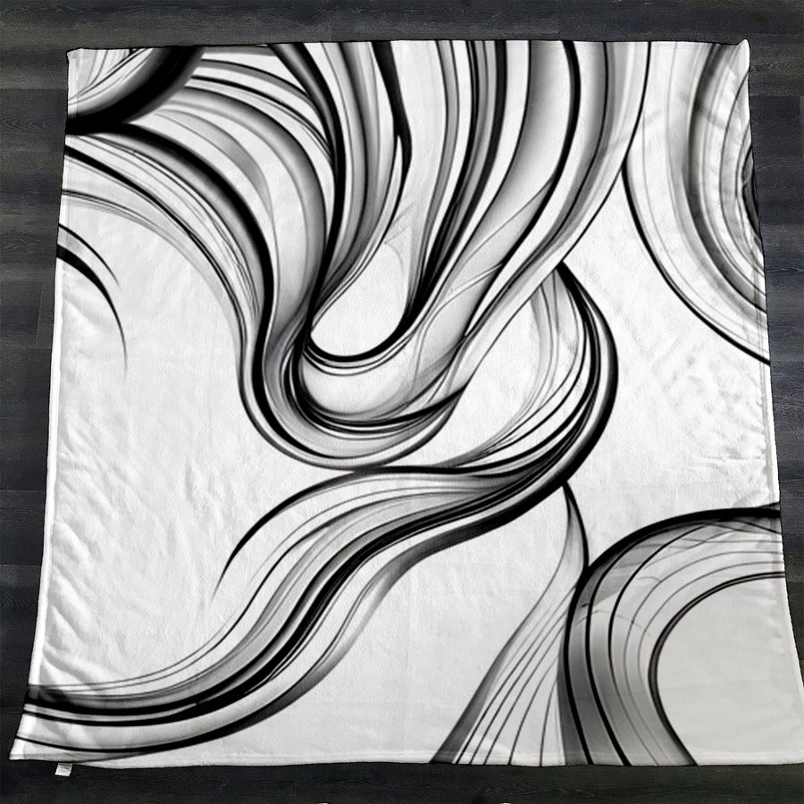 Black and White Fluid Line Abstract Pattern Fleece Sherpa Blanket