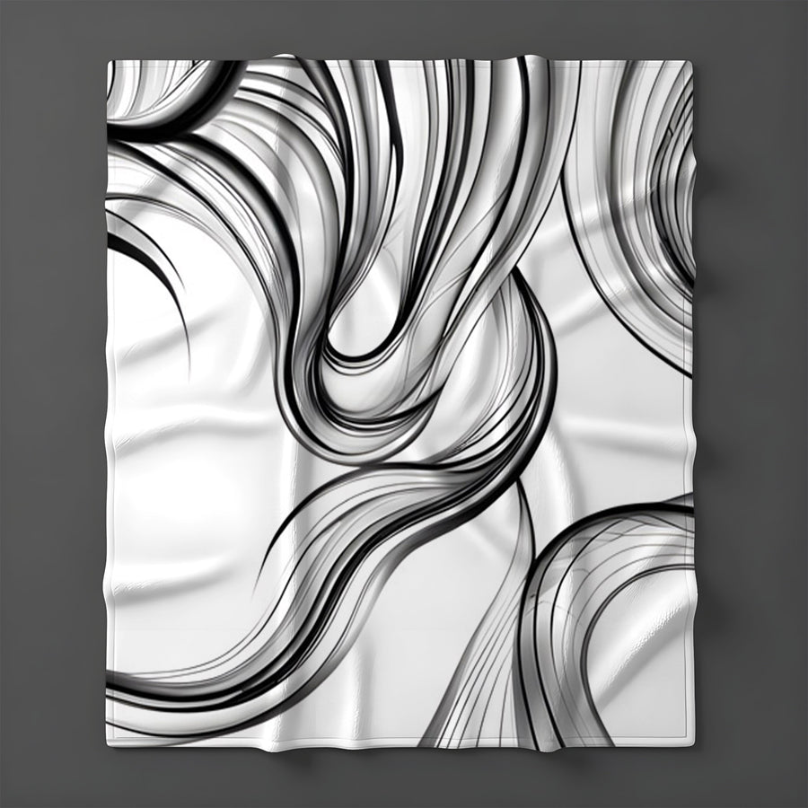 Black and White Fluid Line Abstract Pattern Fleece Sherpa Blanket